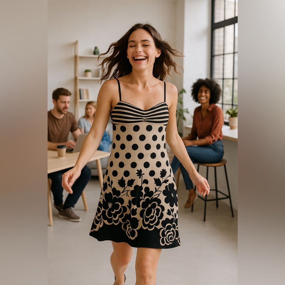 Rhapsody Woman Casual Dress - Floral, Stripes, Dots - Size M - 95% Poly 5% Span.